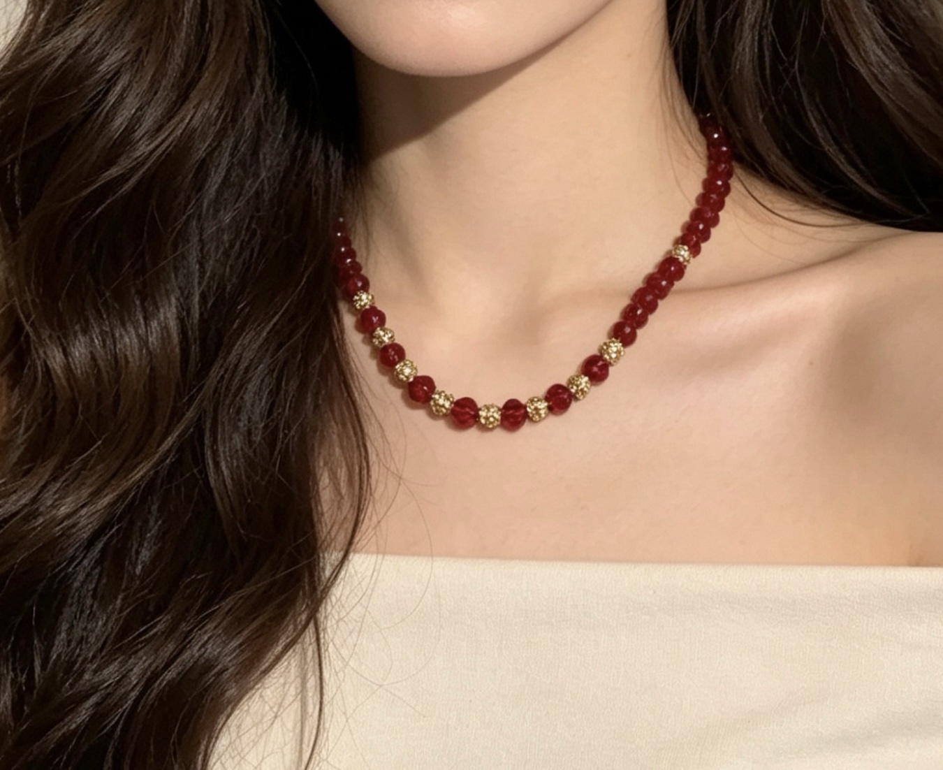 0e5ca78b-c038-40d4-88f9-5bf713aaabe1 Red Crystal & Gold-Tone Jewelry Set Beaded Necklace - Image 1